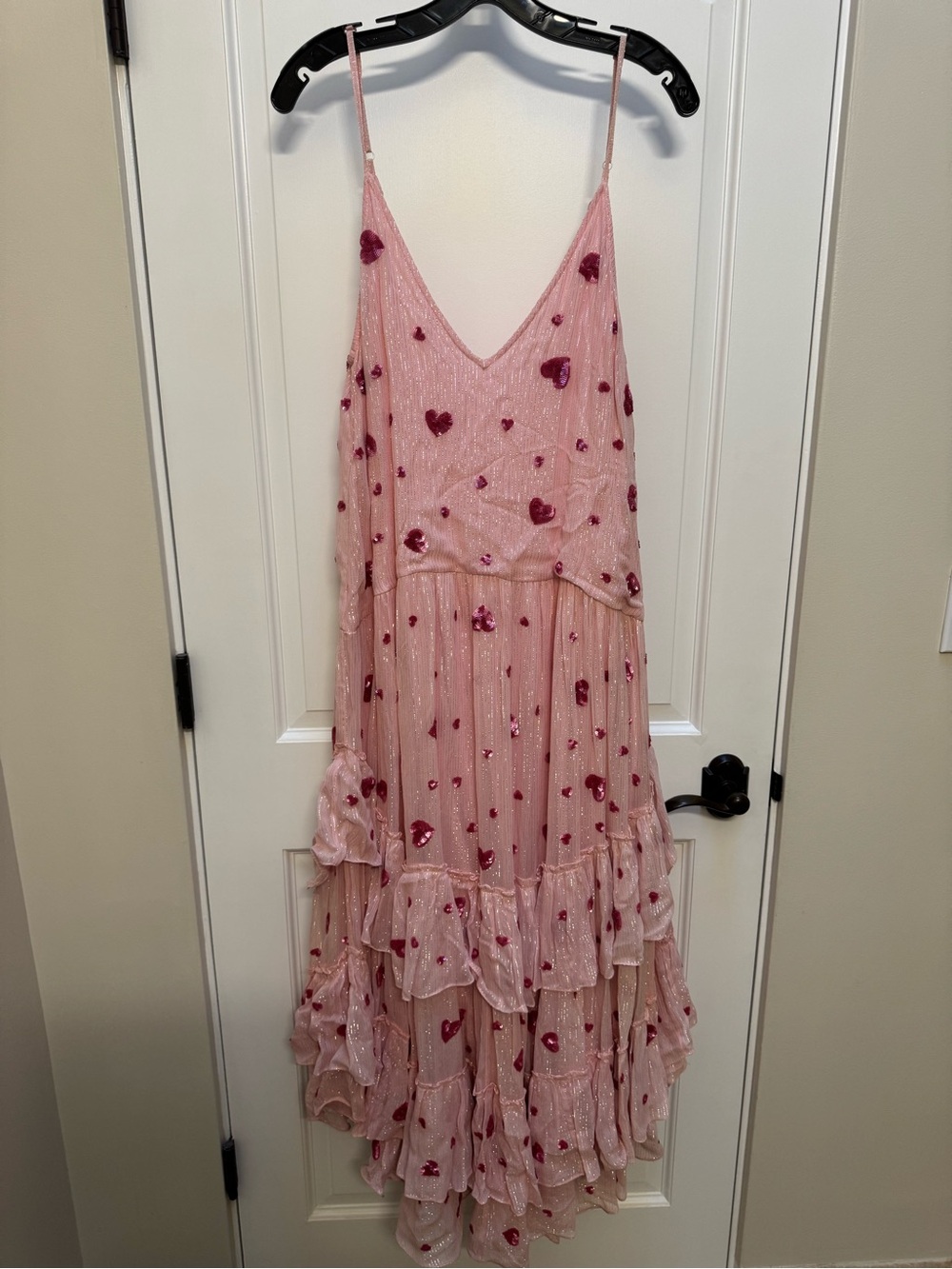 Rococo Sand Tala Pink Sequin Heart Ruffle Maxi Dress M